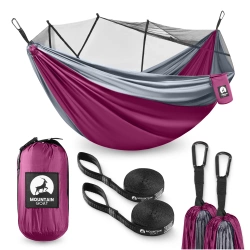 Hamak turystyczny dwuosobowy z moskiterią Mountain Goat szaro-różowy