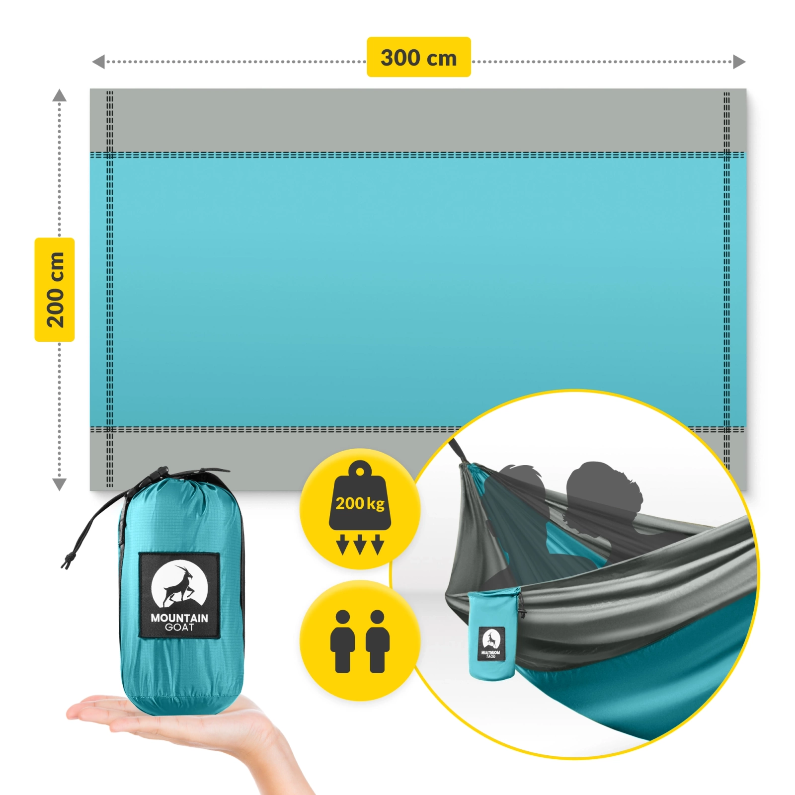 Hamak turystyczny dwuosobowy z moskiterią Mountain Goat szaro-turkusowy