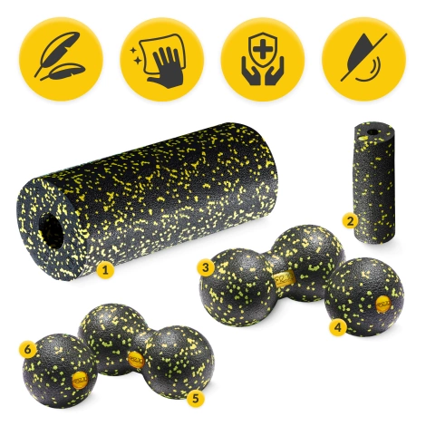 Wałek i piłki do rollowania i masażu EPP zestaw 6 szt. żółty
