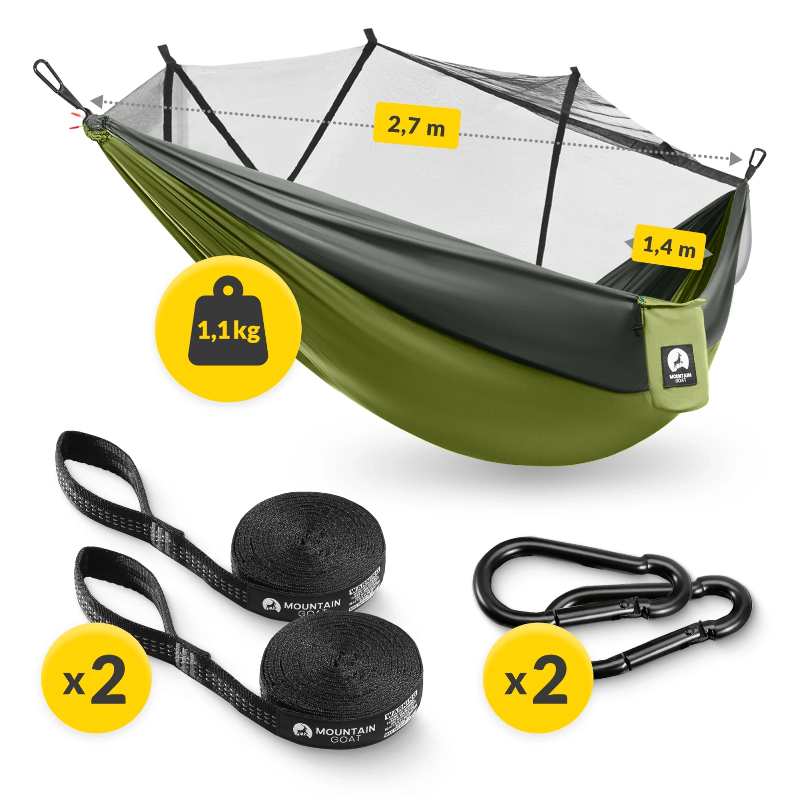 Hamak turystyczny jednoosobowy z moskiterią Mountain Goat szaro-zielony