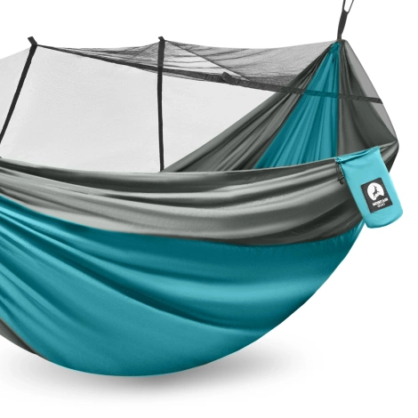 Hamak turystyczny dwuosobowy z moskiterią Mountain Goat szaro-turkusowy