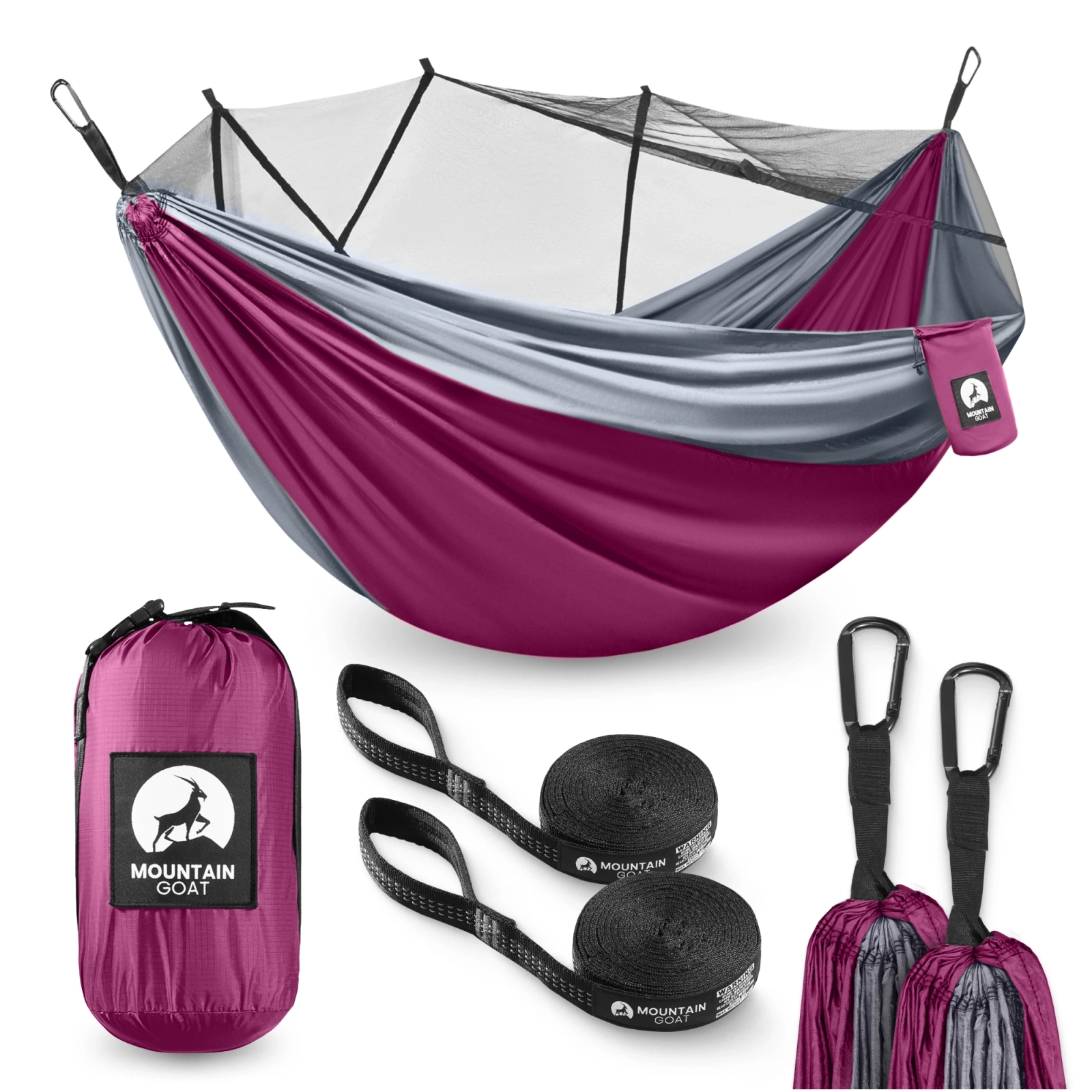 Hamak turystyczny dwuosobowy z moskiterią Mountain Goat szaro-różowy