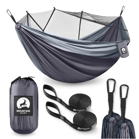 Hamak turystyczny dwuosobowy z moskiterią Mountain Goat szaro-grafitowy