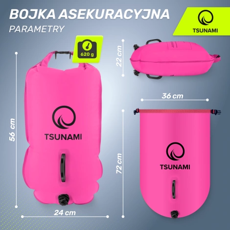 Bojka asekuracyjna do pływania z suchą kieszenią 2w1 TSUNAMI różowa