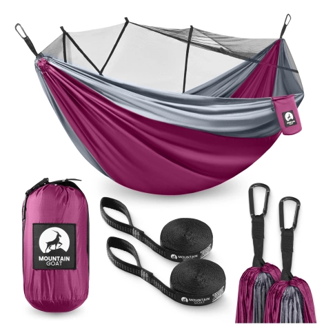 Hamak turystyczny dwuosobowy z moskiterią Mountain Goat szaro-różowy