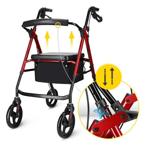 Chodzik czterokołowy z siedziskiem i torbą czerwony