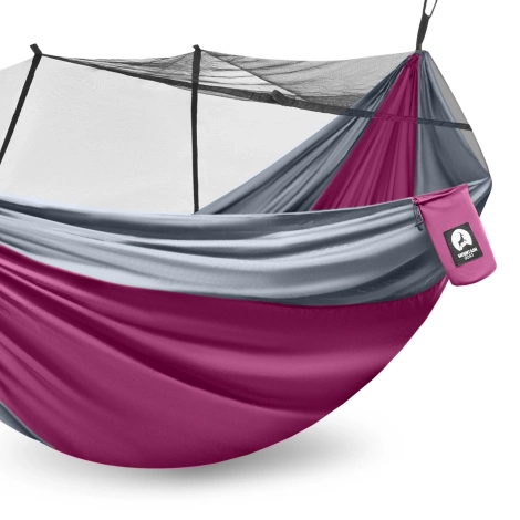 Hamak turystyczny dwuosobowy z moskiterią Mountain Goat szaro-różowy