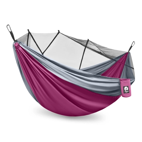 Hamak turystyczny dwuosobowy z moskiterią Mountain Goat szaro-różowy