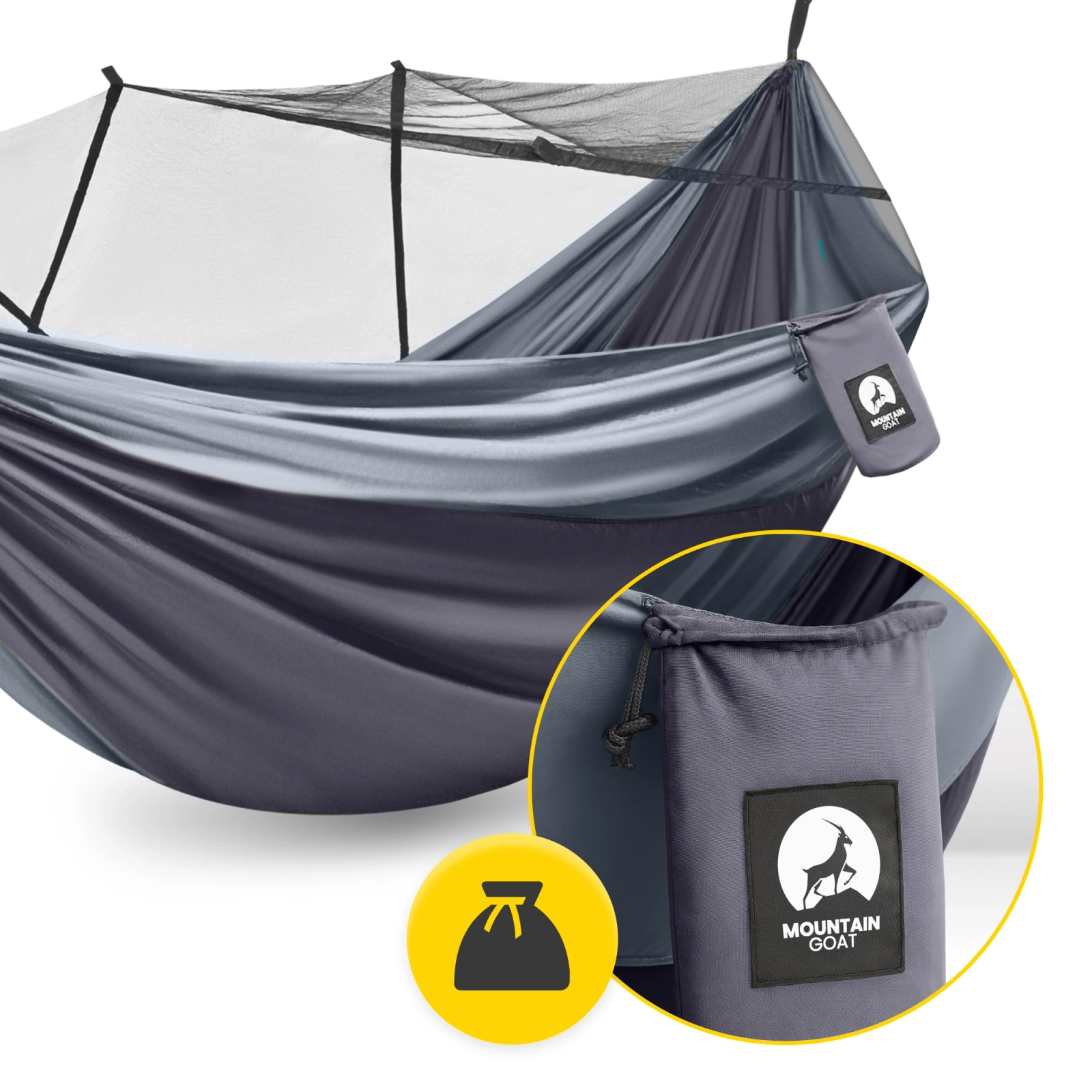 Hamak turystyczny jednoosobowy z moskiterią Mountain Goat szaro-grafitowy