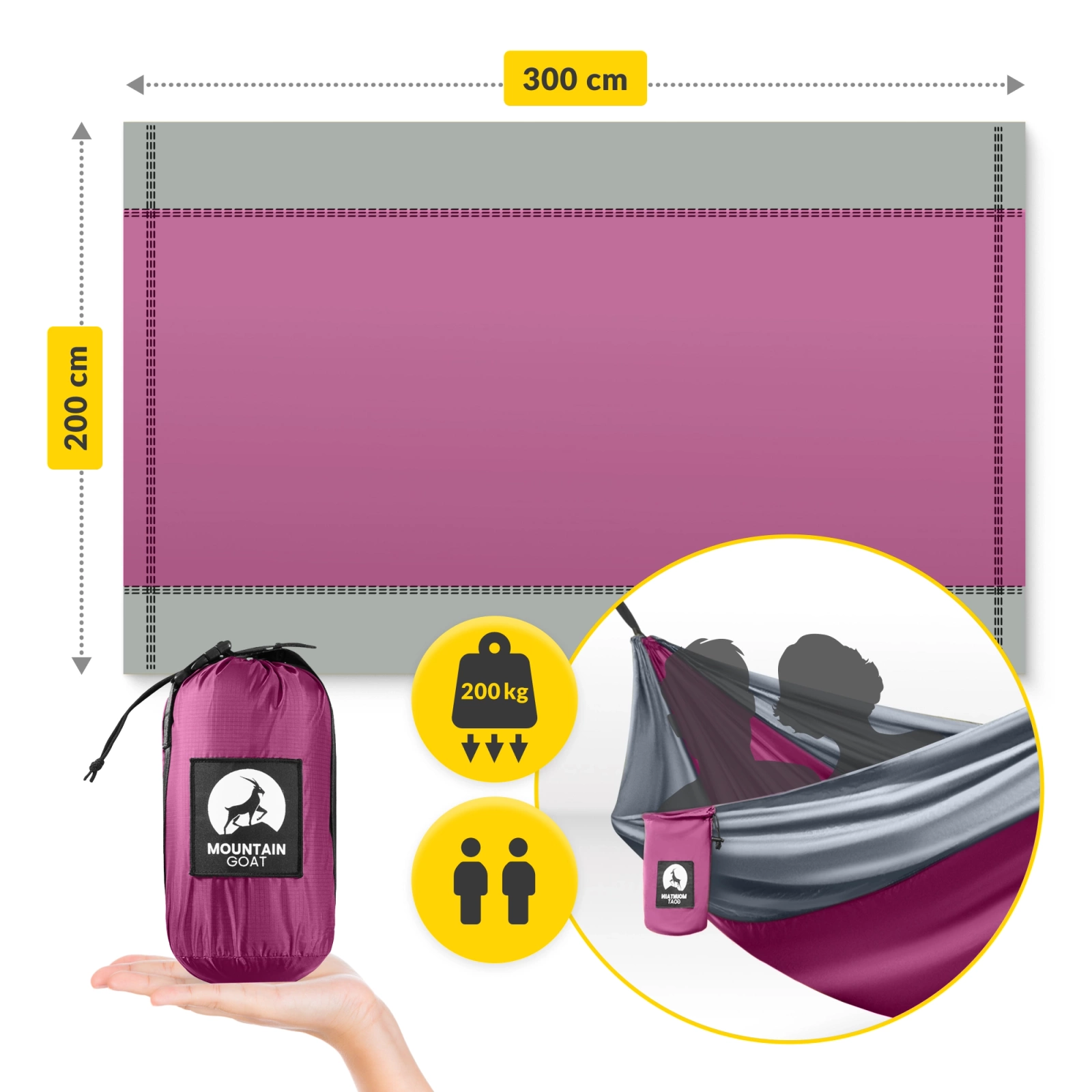 Hamak turystyczny dwuosobowy z moskiterią Mountain Goat szaro-różowy