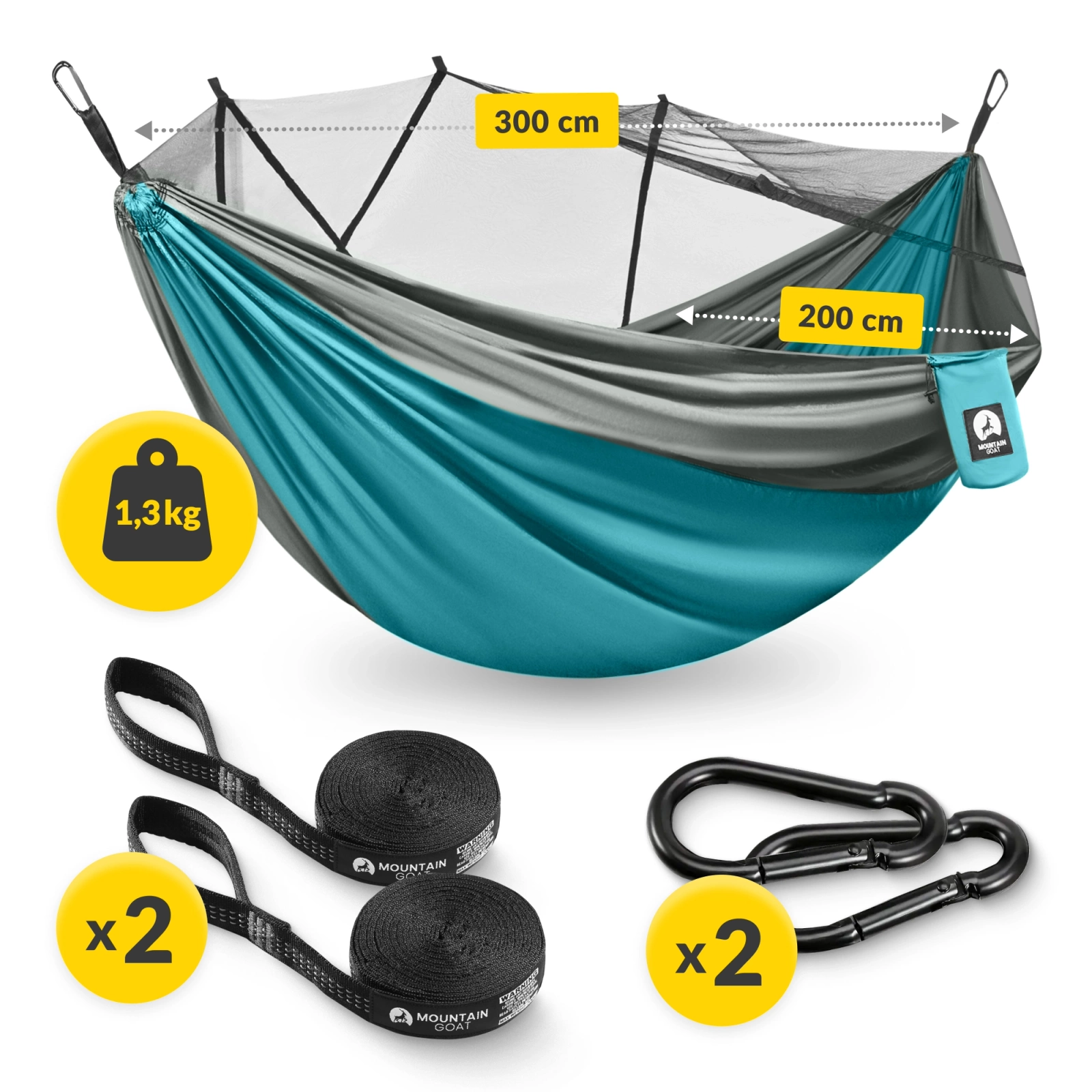 Hamak turystyczny dwuosobowy z moskiterią Mountain Goat szaro-turkusowy