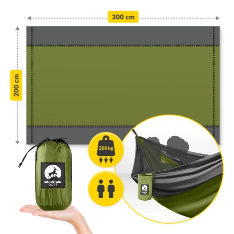 Hamak turystyczny dwuosobowy z moskiterią Mountain Goat szaro-zielony