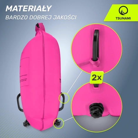 Bojka asekuracyjna do pływania z suchą kieszenią 2w1 TSUNAMI różowa