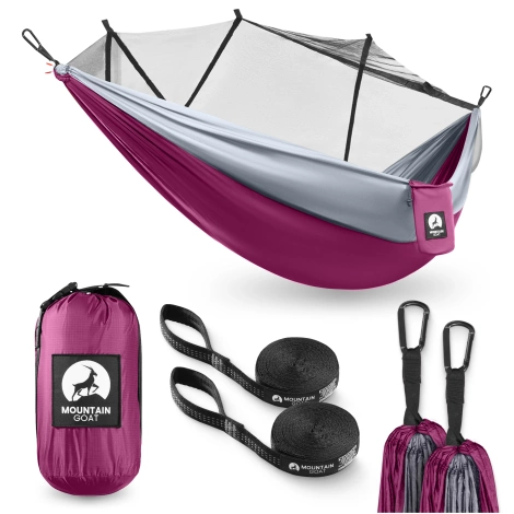 Hamak turystyczny jednoosobowy z moskiterią Mountain Goat szaro-różowy