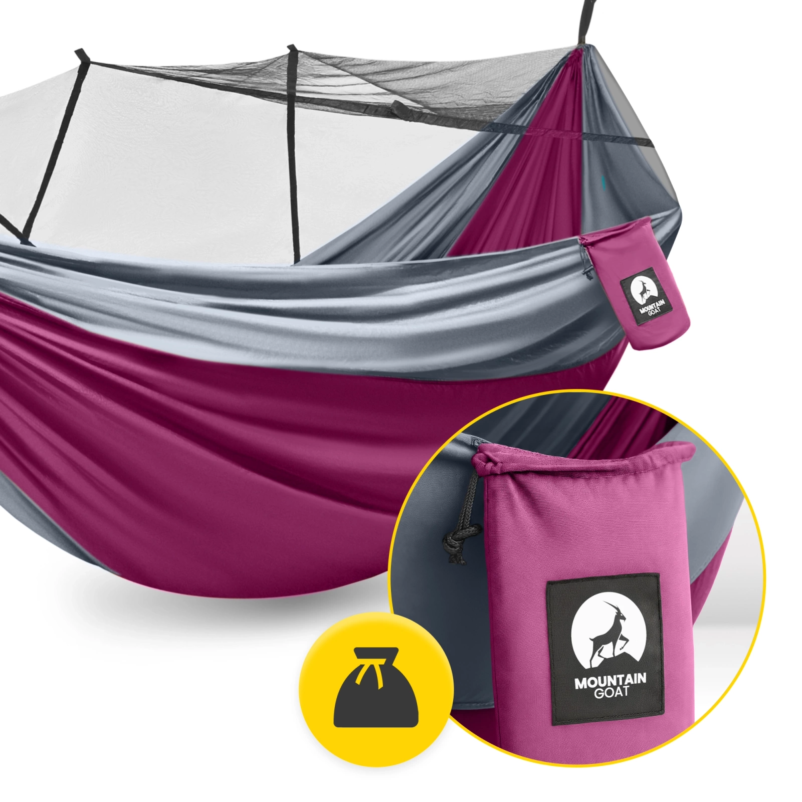 Hamak turystyczny jednoosobowy z moskiterią Mountain Goat szaro-różowy