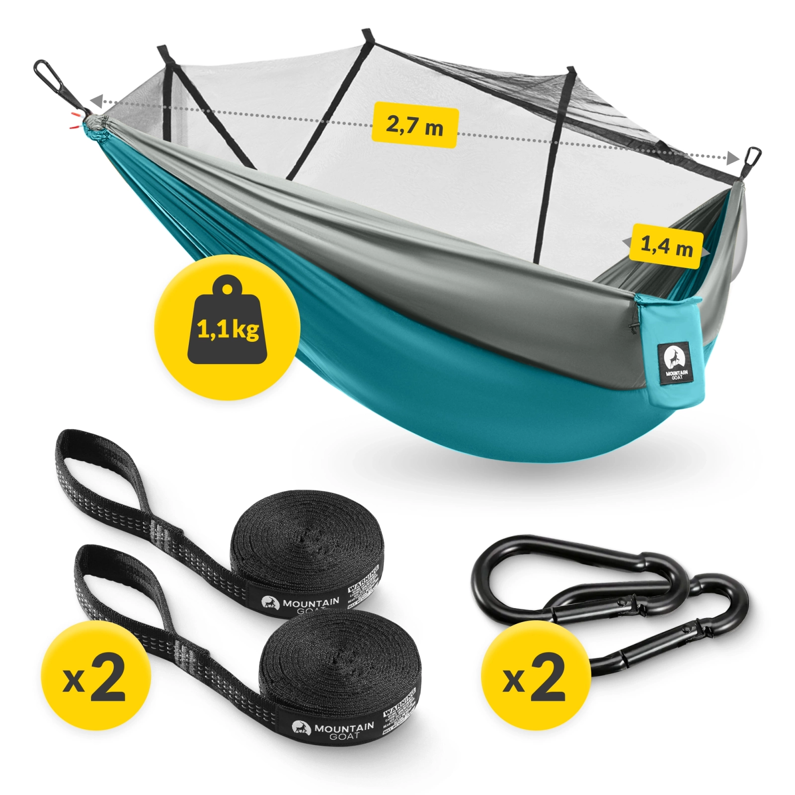 Hamak turystyczny jednoosobowy z moskiterią Mountain Goat szaro-turkusowy