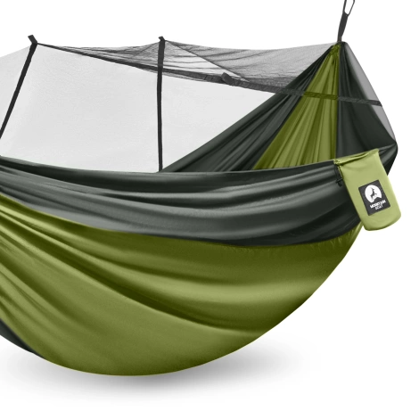 Hamak turystyczny dwuosobowy z moskiterią Mountain Goat szaro-zielony