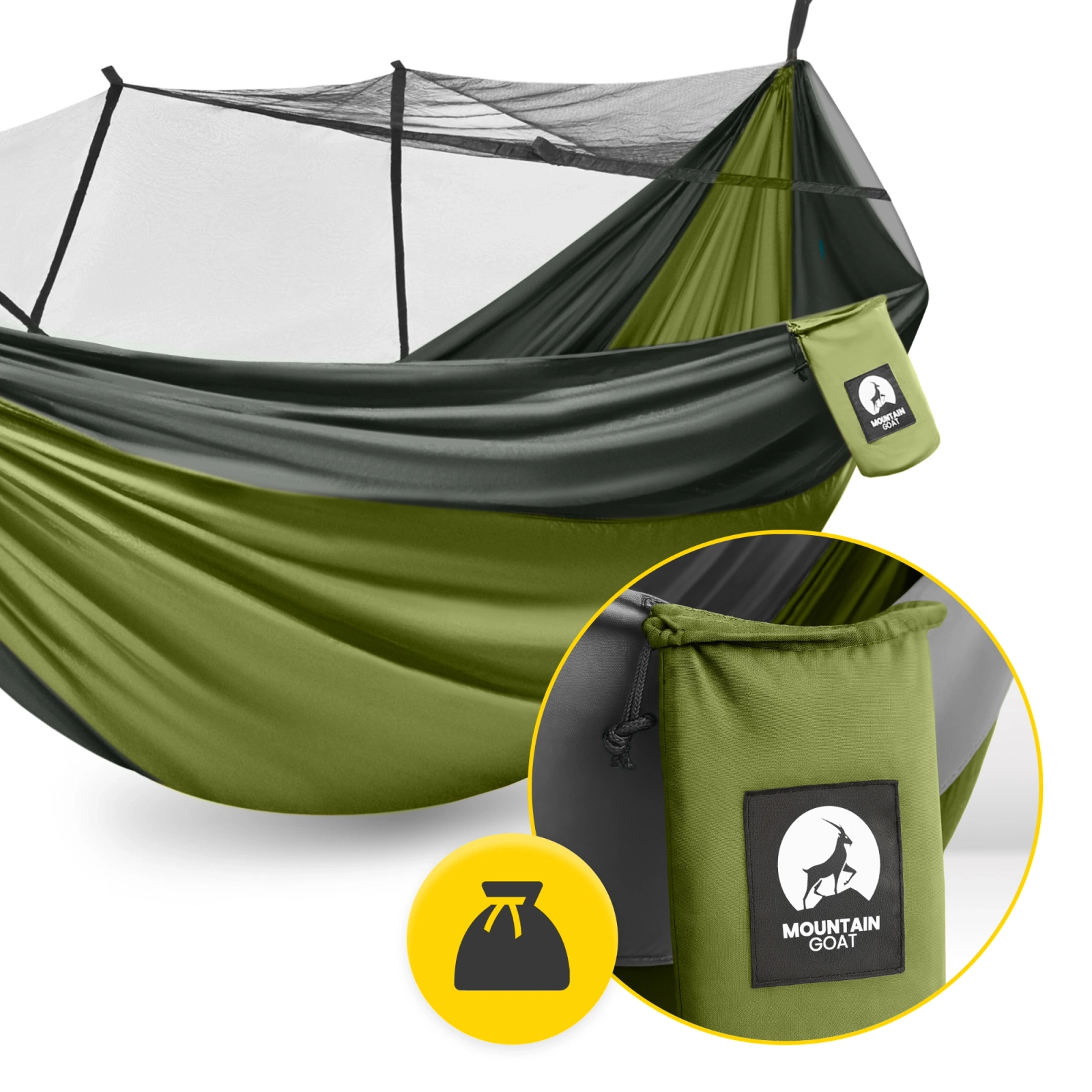Hamak turystyczny dwuosobowy z moskiterią Mountain Goat szaro-zielony