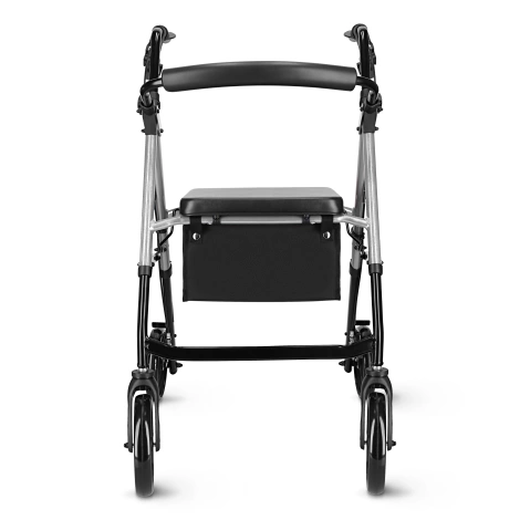 Chodzik czterokołowy z siedziskiem i torbą srebrny