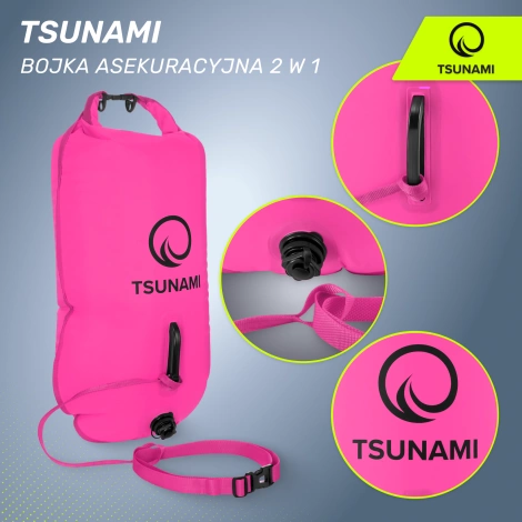 Bojka asekuracyjna do pływania z suchą kieszenią 2w1 TSUNAMI różowa