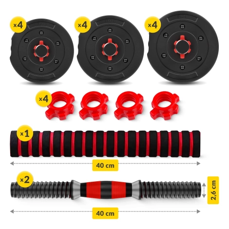 Hantle bitumiczne regulowane ze sztangą 2 x 10 kg