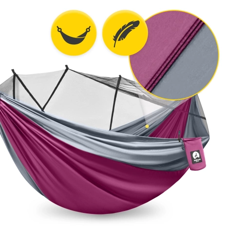 Hamak turystyczny dwuosobowy z moskiterią Mountain Goat szaro-różowy