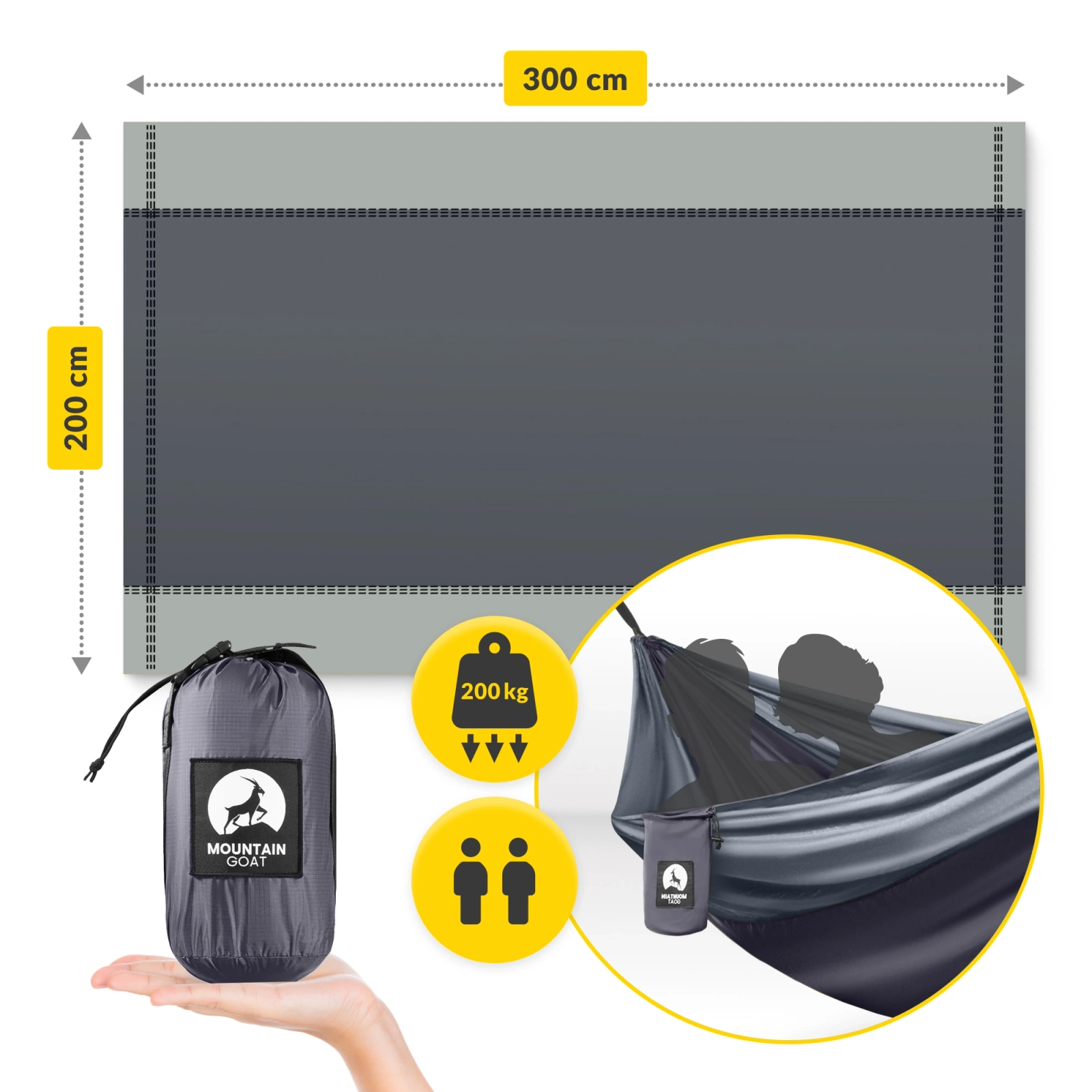 Hamak turystyczny dwuosobowy z moskiterią Mountain Goat szaro-grafitowy