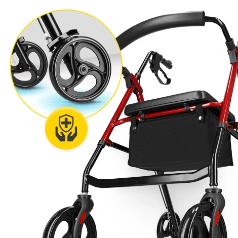Chodzik czterokołowy z siedziskiem i torbą czerwony