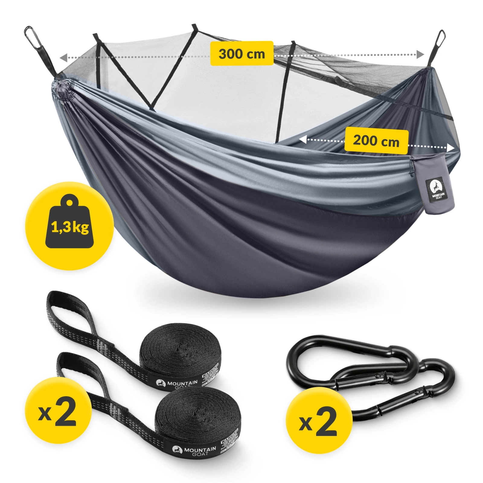 Hamak turystyczny dwuosobowy z moskiterią Mountain Goat szaro-grafitowy