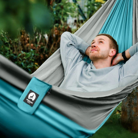 Hamak turystyczny jednoosobowy z moskiterią Mountain Goat szaro-turkusowy