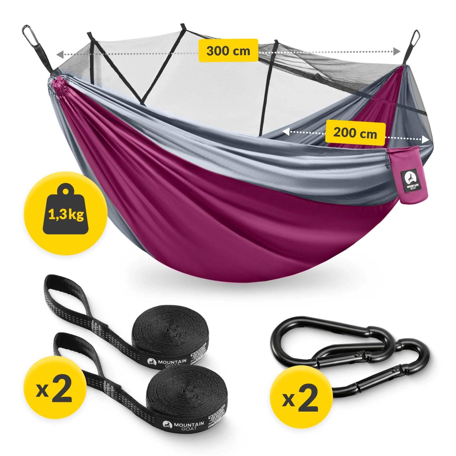 Hamak turystyczny dwuosobowy z moskiterią Mountain Goat szaro-różowy