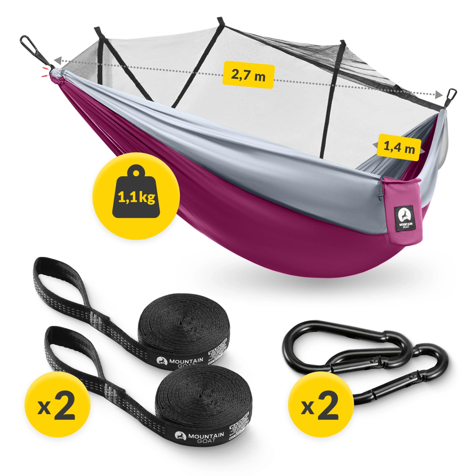 Hamak turystyczny jednoosobowy z moskiterią Mountain Goat szaro-różowy