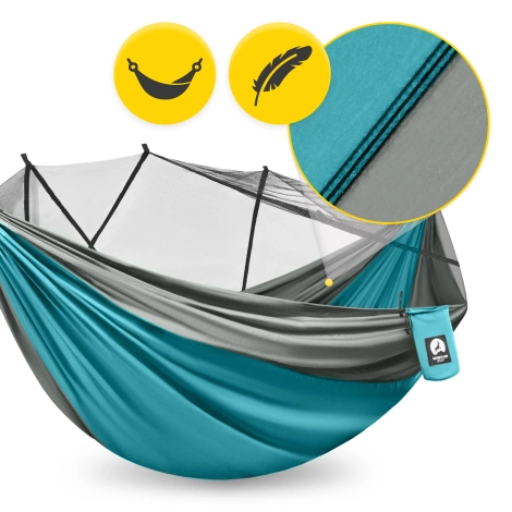 Hamak turystyczny jednoosobowy z moskiterią Mountain Goat szaro-turkusowy