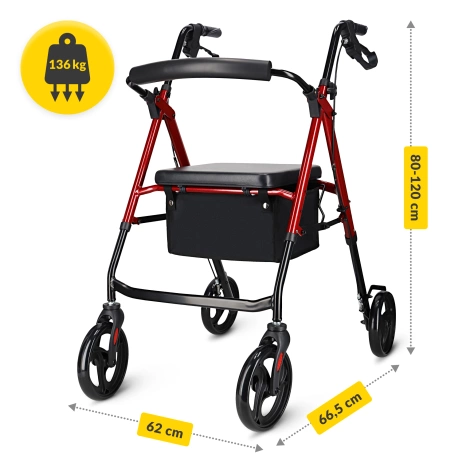 Chodzik czterokołowy z siedziskiem i torbą czerwony