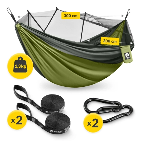 Hamak turystyczny dwuosobowy z moskiterią Mountain Goat szaro-zielony
