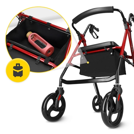 Chodzik czterokołowy z siedziskiem i torbą czerwony
