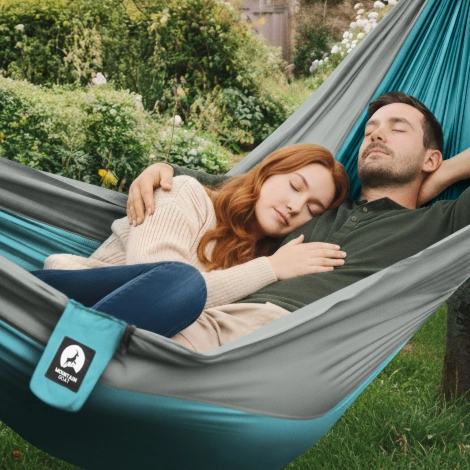 Hamak turystyczny dwuosobowy z moskiterią Mountain Goat szaro-turkusowy