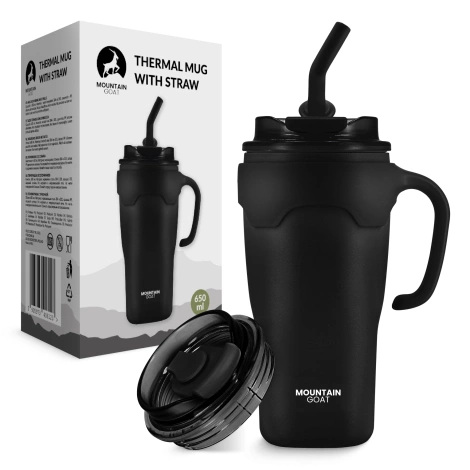 Kubek termiczny ze słomką 650 ml czarny
