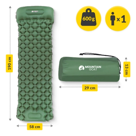 Dmuchany materac turystyczny jednoosobowy samopompujący Mountain Goat khaki