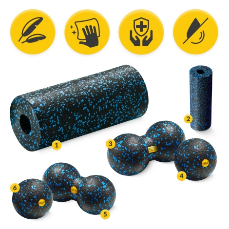 Wałek i piłki do rollowania i masażu EPP zestaw 6 szt. niebieski