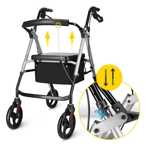 Chodzik czterokołowy z siedziskiem i torbą srebrny