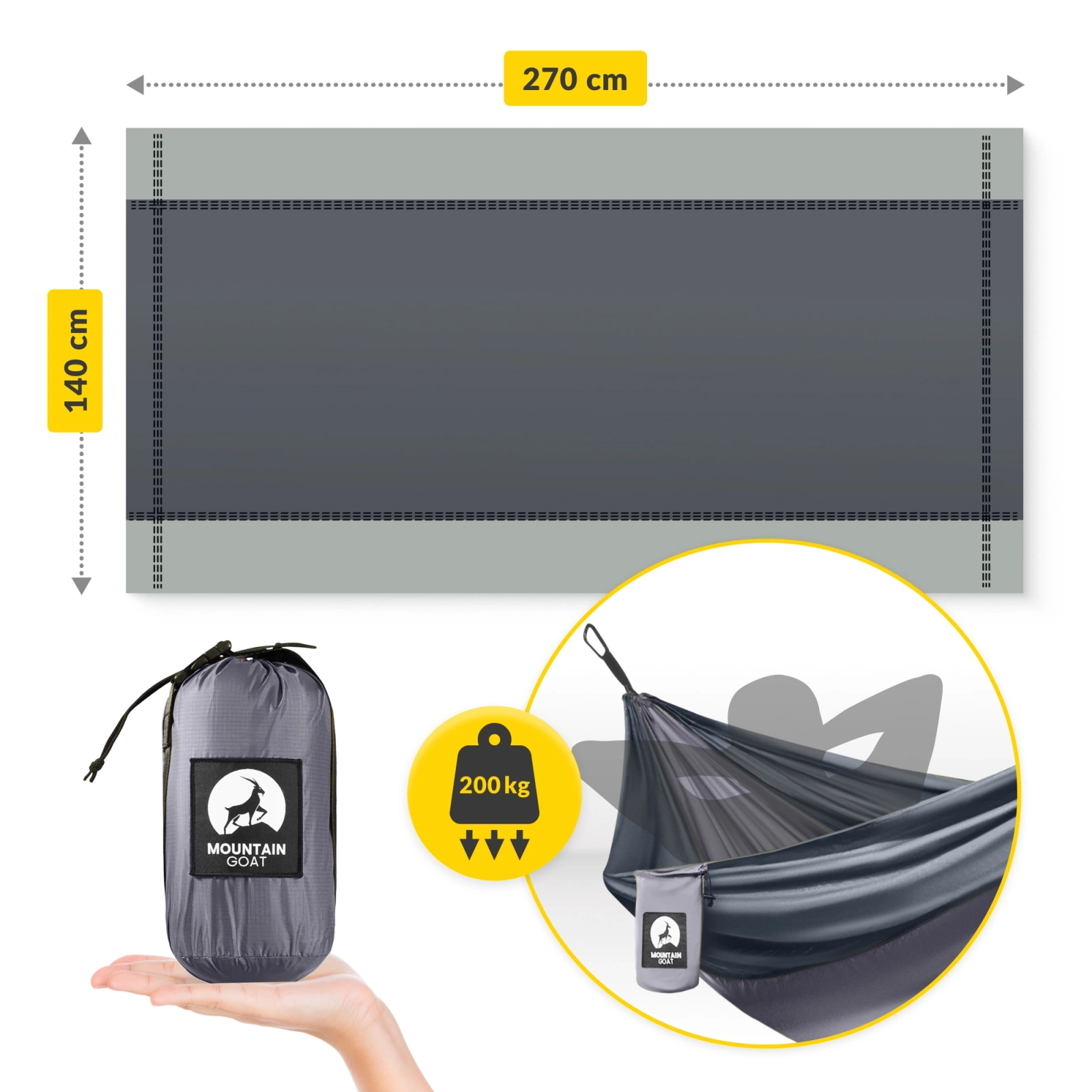 Hamak turystyczny jednoosobowy z moskiterią Mountain Goat szaro-grafitowy