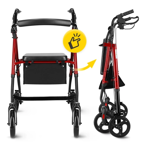 Chodzik czterokołowy z siedziskiem i torbą czerwony