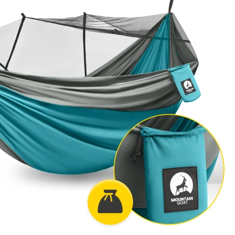 Hamak turystyczny dwuosobowy z moskiterią Mountain Goat szaro-turkusowy